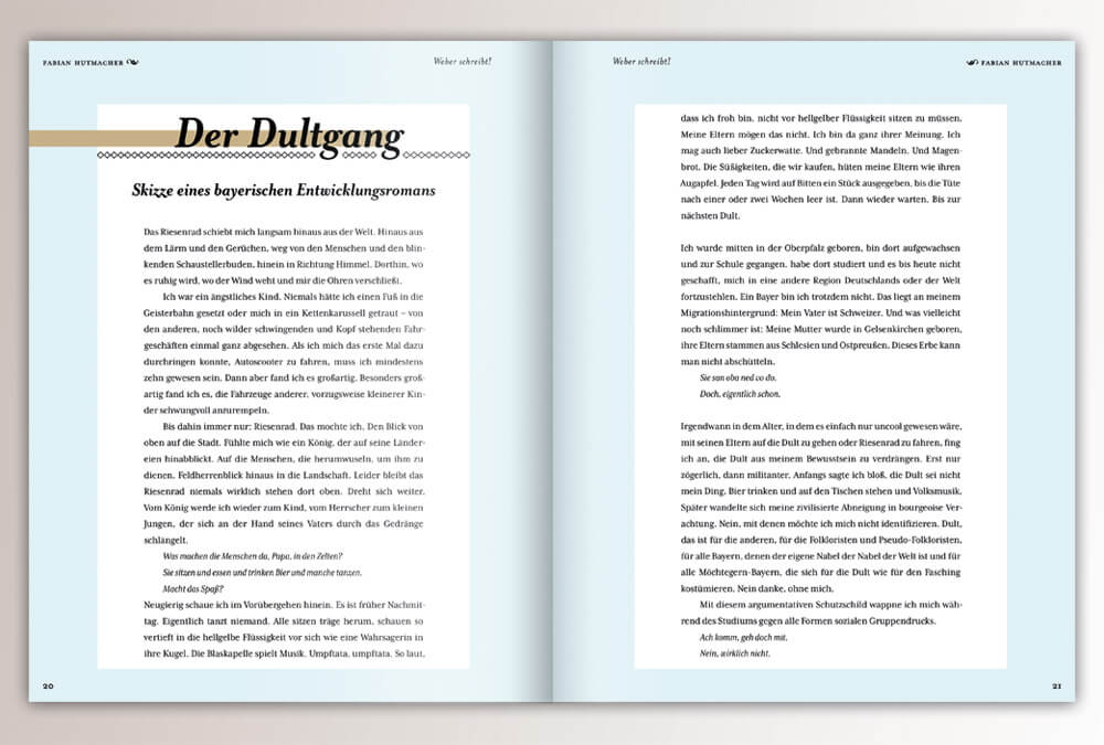 Broschüre WEBER schreibt. Max Weber Programm Bayern, Studienstiftung des deutschen Volkes / Seite 20–21 / Layout & Design: Daniela Leitner