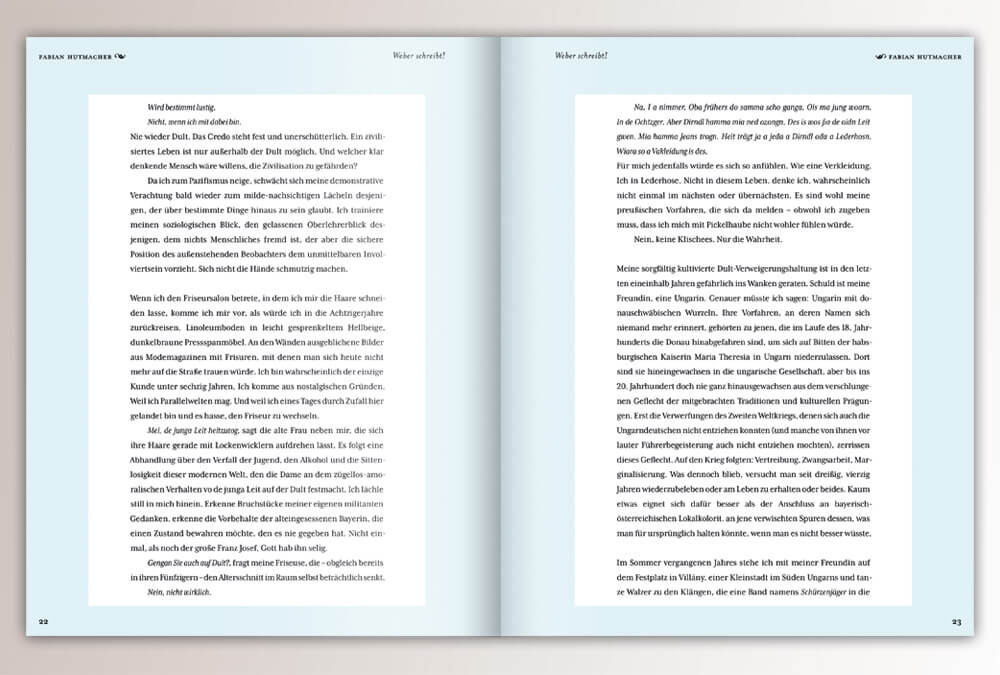 Broschüre WEBER schreibt. Max Weber Programm Bayern, Studienstiftung des deutschen Volkes / Seite 22–23 / Layout & Design: Daniela Leitner
