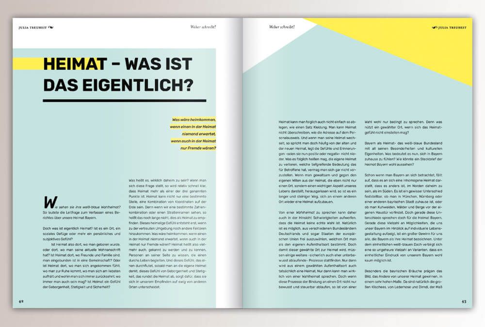 Broschüre WEBER schreibt. Max Weber Programm Bayern, Studienstiftung des deutschen Volkes / Seite 42–43 / Layout & Design: Daniela Leitner