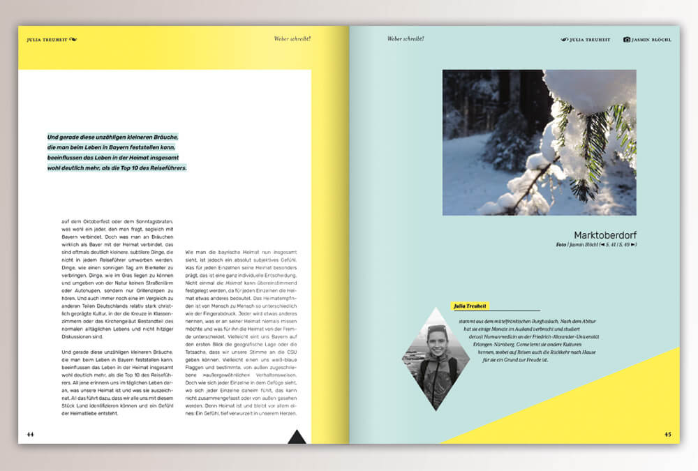 Broschüre WEBER schreibt. Max Weber Programm Bayern, Studienstiftung des deutschen Volkes / Seite 44–45 / Layout & Design: Daniela Leitner