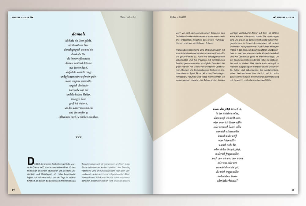 Broschüre WEBER schreibt. Max Weber Programm Bayern, Studienstiftung des deutschen Volkes / Seite 46–47 / Layout & Design: Daniela Leitner