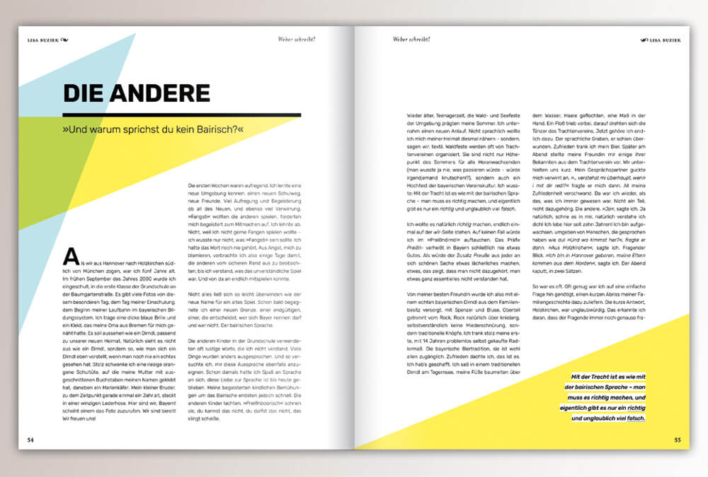 Broschüre WEBER schreibt. Max Weber Programm Bayern, Studienstiftung des deutschen Volkes / Seite 54–55 / Layout & Design: Daniela Leitner