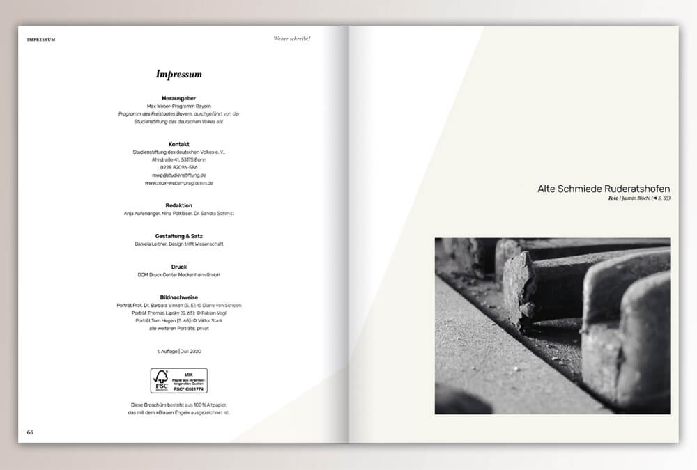 Broschüre WEBER schreibt. Max Weber Programm Bayern, Studienstiftung des deutschen Volkes / Seite 66–67, Impressum / Layout & Design: Daniela Leitner