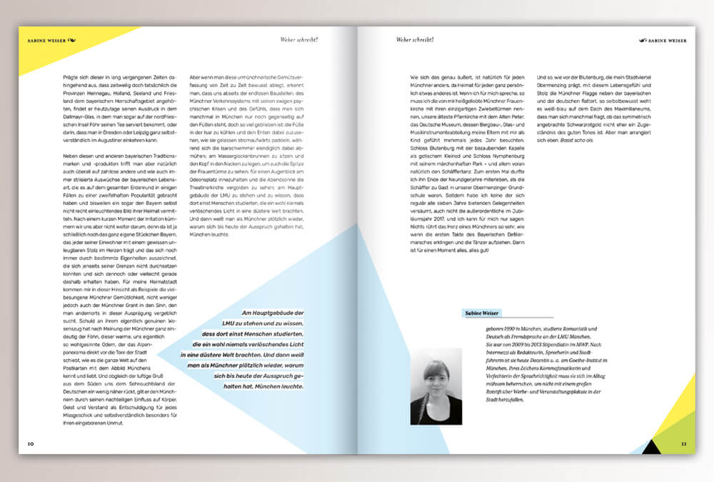 Broschüre WEBER schreibt. Max Weber Programm Bayern, Studienstiftung des deutschen Volkes / Seite 10–11 / Layout & Design: Daniela Leitner
