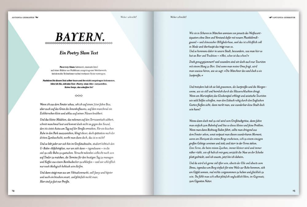 Broschüre WEBER schreibt. Max Weber Programm Bayern, Studienstiftung des deutschen Volkes / Seite 14–15 / Layout & Design: Daniela Leitner