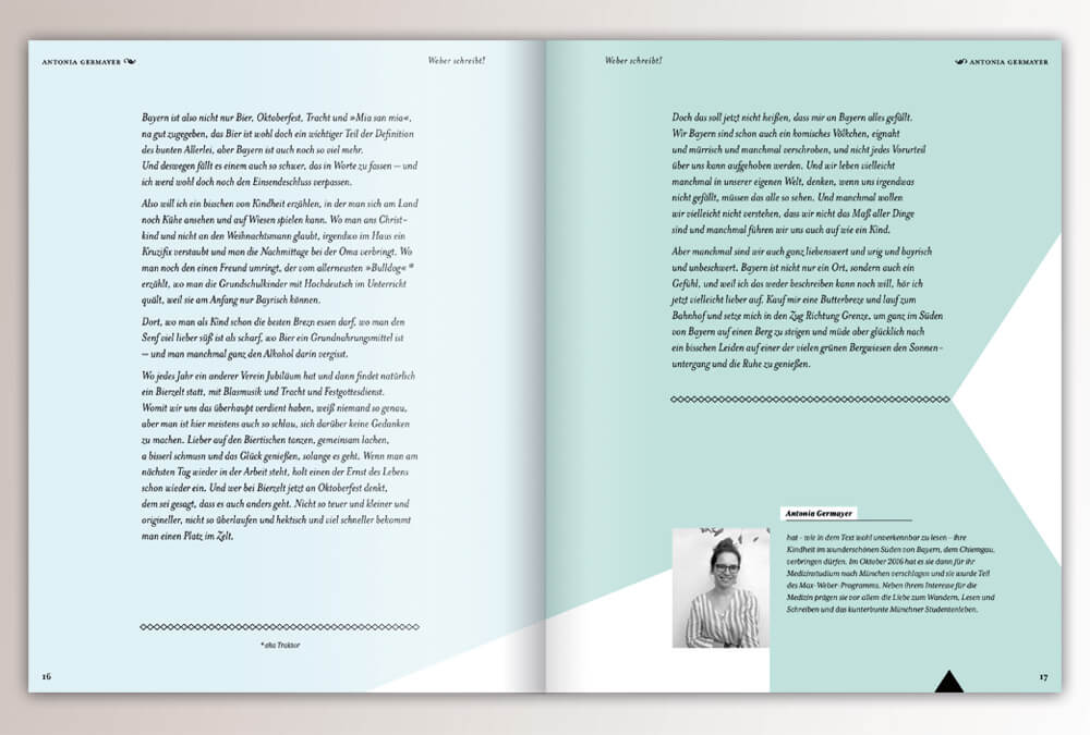 Broschüre WEBER schreibt. Max Weber Programm Bayern, Studienstiftung des deutschen Volkes / Seite 16–17 / Layout & Design: Daniela Leitner