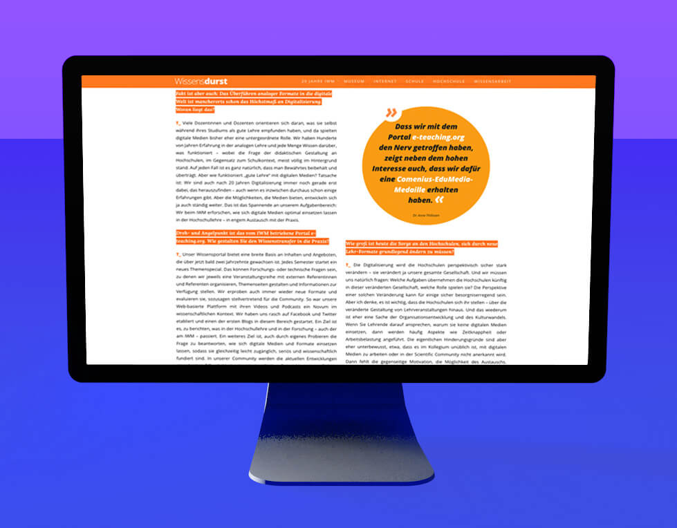Webdesign | Wissensdurst: Das Jubiläumsmagazin des Leibniz-Instituts für Wissensmedien | Hochschullehre gestalten, Interview mit Dr. Anne Thillosen | Design: Daniela Leitner