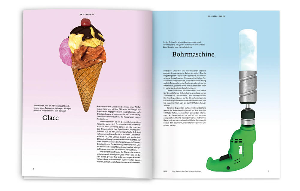 5232 Das Magazin des Paul Scherrer Instituts (PSI) / Design Infografik Produkt & Helferlein: Glace (Eis) & Bohrmaschine, Daniela Leitner