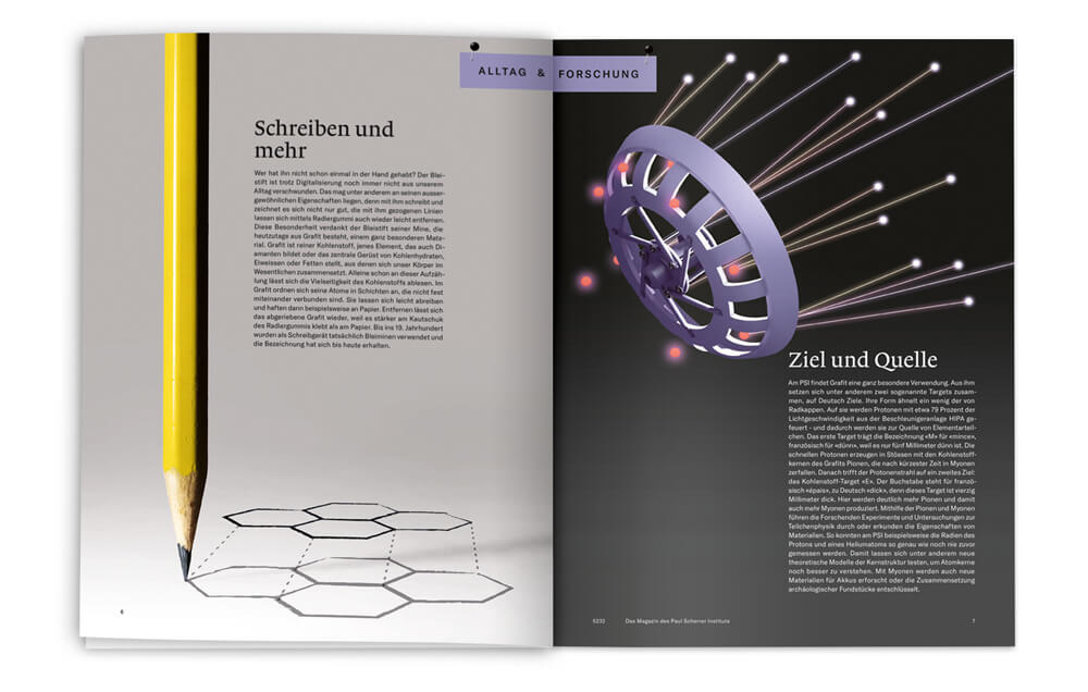 5232 Das Magazin des Paul Scherrer Instituts (PSI) / Design Infografik Alltag & Forschung: Graphit & Teilchenbeschleuniger, Daniela Leitner